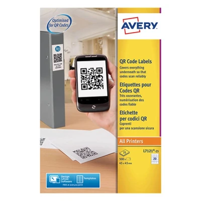 Imagen de &quot;Avery España L7121 25 Etiquetas adhesivas ideales para crear QR code gracias al adhesivo cubriente cuadrata 45x45mm Caja de 500 etiquetas&quot;