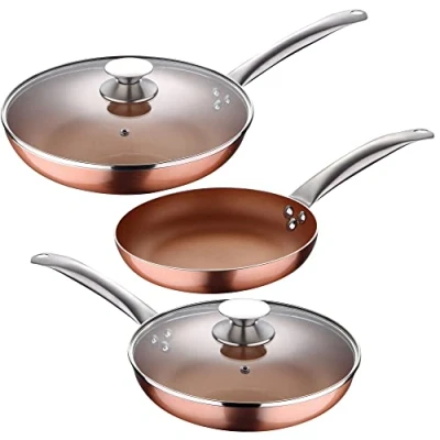 Imagen de SAN IGNACIO Optimum Copper Sartenes Antiadherentes Set de 3 20, 24 y 28 cm Diámetro 2 Tapas Fabricadas con Aluminio Prensado Revestimiento Multiclad Todo Tipo Cocinas