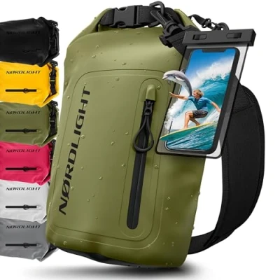 Imagen de Nordlight Bolsa Estanca Impermeable + Funda para Móvil, Cierre enrollable, Correa Hombro Drybag Mochila Saco Estanco de Transporte Náutica Playa SUP Verde Oliva, 10 Litros