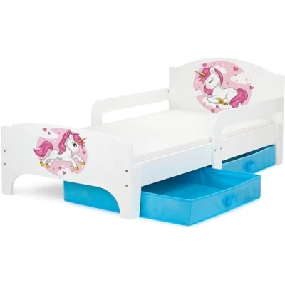 Imagen de leomark Smart Cama Infantil de Madera Lovely Unicorn Colchón y Cajón, robustro Cómodo Dormitorio Impresa, Muebles para Niños, Espacio Dormir: 140/70