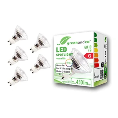 Imagen de 5x Spot LED greenandco® IRC90+ 3000K 36 GU10 7W (corresponde a 62W) 450lm SMD 230V AC, sin parpadeo, no regulable