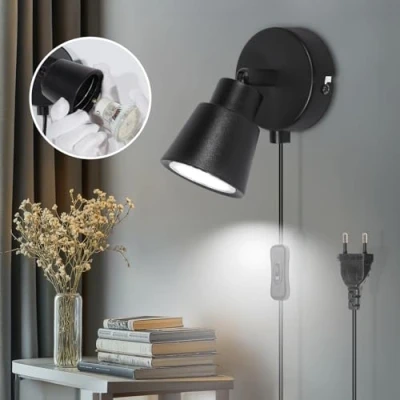 Imagen de TaFiCo Aplique Pared con Enchufe y Interruptor Negro GU10 Lampara de Cable 50W Retro Giratorio 350 Apliques Dormitorio Salón Pasillo Sin Bombillas