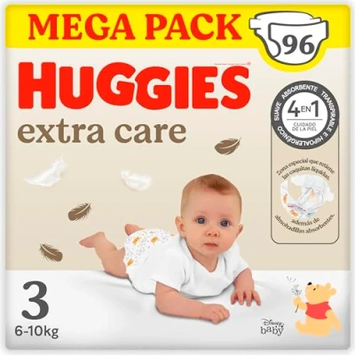Imagen de Huggies extra Care Pañal para bebé con diseños Disney Talla 3 (5 9 kg), packs x 32 pañales, 96 pañales almohadillas suaves que cuida de la piel del