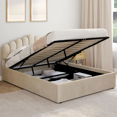 Imagen de Cama de matrimonio NOELIE con cabecero y somier terciopelo beige 140 x 190 cm