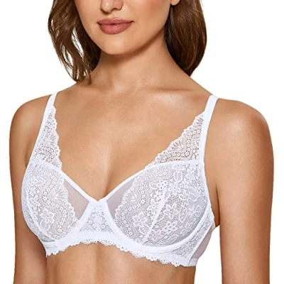 Imagen de DOBREVA Sujetador Encaje Mesh Bralette Minimizer sin Relleno con Aros para Mujer Blanco 90F