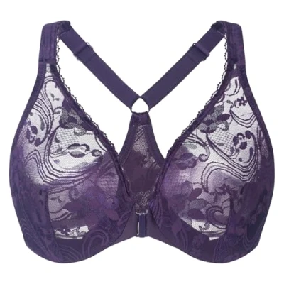 Imagen de MELENECA Sujetador de Cierre Frontal con Aros Encaje sin Forro, Espalda Cruzada, Talla Grande, para Mujer Morado 120B