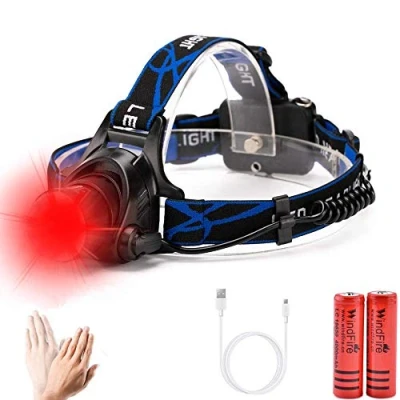 Imagen de WINDFIRE Linterna Frontal LED Recargable, Sensor de Movimiento Luz roja, Caza, Zoom Impermeable, 3 Modos Lámpara Cabeza Roja para Camping, Senderismo, Ciclismo, Lectura