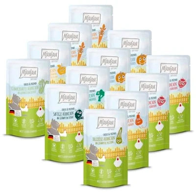 Imagen de MjAMjAM Comida húmeda Premium para Gatos Chicks &amp; Friends Box, Pack de 12 (12 x 125g), sin Cereales con Extra Carne