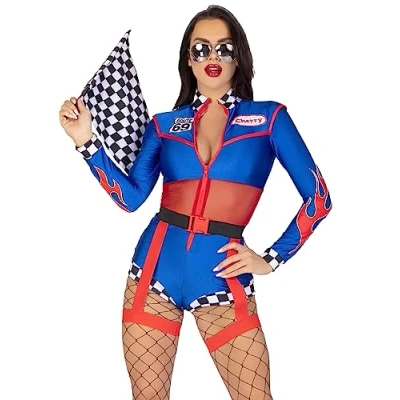 Imagen de Leg Avenue 2 PC Cherry Bomb Racer, includes long sleeved zip up mameluco with sheer midriff and badge acents, flame detail checkerboard trim, belt attached garters