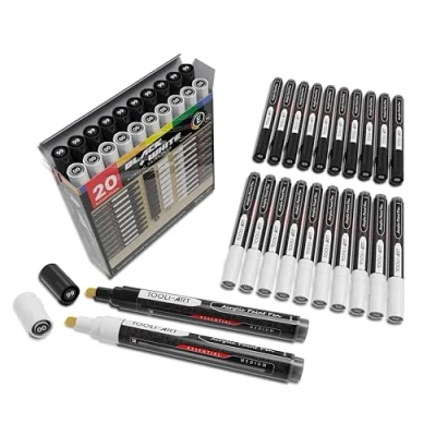 Imagen de TOOLI ART Juego de 20 marcadores pintura acrílica blanca y negra 3 mm medianos para pintar sobre roca, lienzo, tazas, metal, tela vidrio, madera, bricolaje, no tóxico