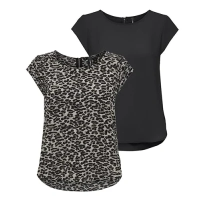 Imagen de ONLY Onlvic S/S Solid AOP Top Ptm Camiseta de manga corta para mujer, Pack 2 unidades (Pack B: Black/Pumice Stone Leo Print), 42