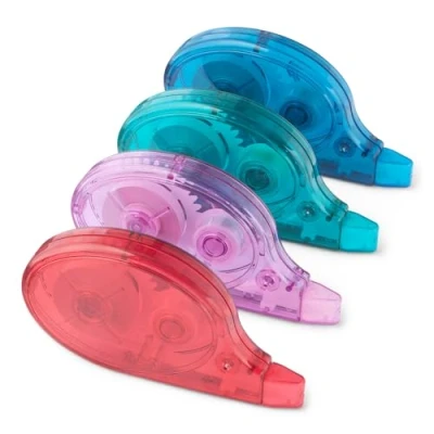 Imagen de Amazon Basics Cinta correctora blanca con dispensador, paquete de 4 unidades, fácil usar, 12 m, 9 x 4,8 1,6 cm, Verde, morado, rojo, azul