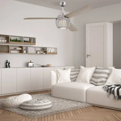 Imagen de 72208 Ventilador de techo Graham para interior níquel brillante, 132 cm, juego iluminación LED regulable con vidrio esmerilado opalino y pantalla tipo jaula, control remoto incluido