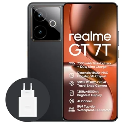 Imagen de realme GT 7T 5G Smartphone,12+256GB, Batería de 7000 mAh,Carga 120W,Procesador Dimensity 8400 MAX,IMX896 50MP Cámara,AI Planner,Pantalla Pro Esports 6000 nits120Hz,IP69,Negro,exclusivo Amazon