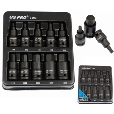 Imagen de US PRO Tools 3593 Juego de llaves vaso hexagonales impacto (10 unidades, 4 mm a 19 mm)