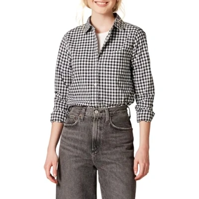 Imagen de Amazon Essentials Camisa de Popelina Abotonada con Manga Larga y Corte Clásico Mujer, Negro Blanco Guinga, XL