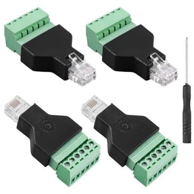 Imagen de GOMETY 4 adaptadores RJ12 macho a 6 pines de regleta terminales rosca, conectores modulares 6P6C, adaptador terminal tornillo RJ12, para teléfono, CCTV, cable audiencia teléfono