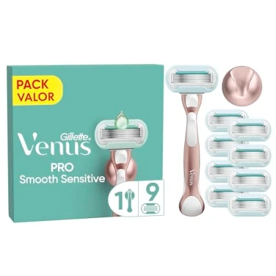 Imagen de Venus Gillette Pro Smooth Sensitive Maquinilla De Depilación Mujer Para Pieles Sensibles Con Recambios, 1 Mango Metal, 9 Cuchillas Recambio y Soporte La Ducha