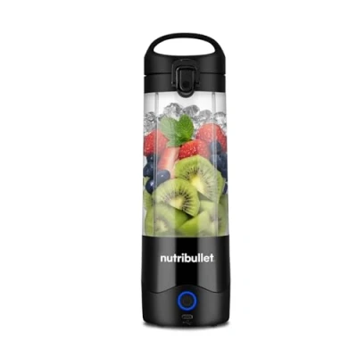 Imagen de nutribullet Batidora portátil en color negro, potente hoja extractora, taza de 475 ml, tapa para llevar, cable carga USB C y guía del usuario (idioma español no garantizado), ofrece más 15