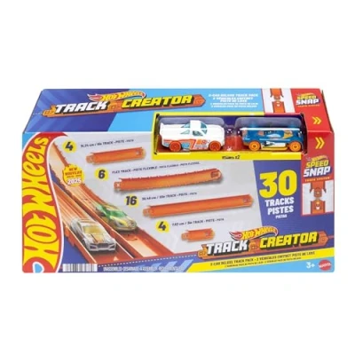 Imagen de Hot Wheels Track Creator Pack de pistas deluxe conjunto con coches juguete, dos vehículos metálicos a escala 1:64, 7,6m Speed Snap diferentes longitudes, JDW42