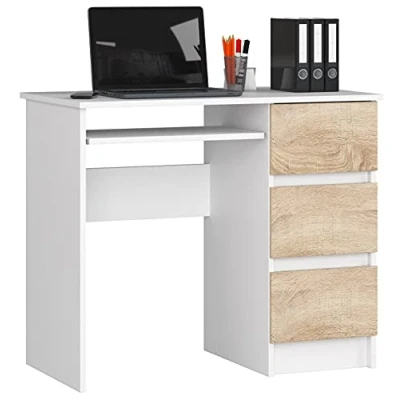 Imagen de AKORD Escritorio a 6 con Estante para Teclado y 3 cajones la Izquierda o Derecha de Oficina Ahorrar Espacio 90x77x50 cm 30 kg Blanco &amp; Roble Sonoma