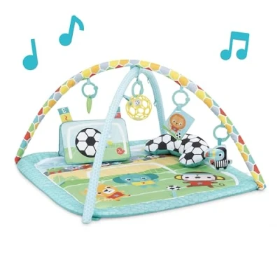 Imagen de Bright Starts, Gimnasio Grip &amp; Kick Oball con Tema de Fútbol, 4 Formas Jugar para Recién Nacidos y Más, Incluye Almohadilla Patadas Luces Sonidos, Cojín Juego Boca Abajo 5 Juguetes