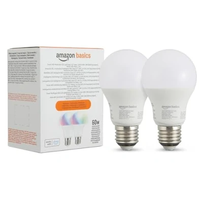 Imagen de Amazon Basics Smart A60 Bombilla led multicolor, casquillo E27, WiFi de 2,4 GHz, 8 W (equivalente a 60 W), funciona solo con Alexa, paquete 2