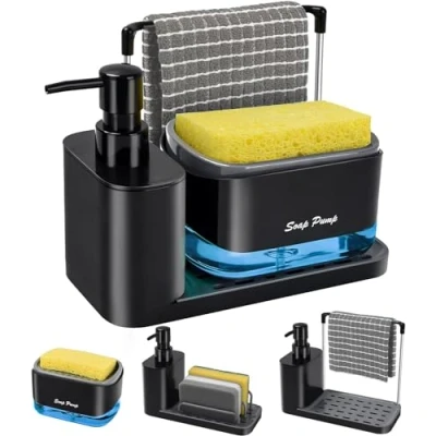 Imagen de Yulado Jabonera Cocina Negro, Organizador de Fregadero Negro con Bandeja y Soporte para Esponja, detergente Recargable，Dispensadores Bomba jabón Porta esponjas…