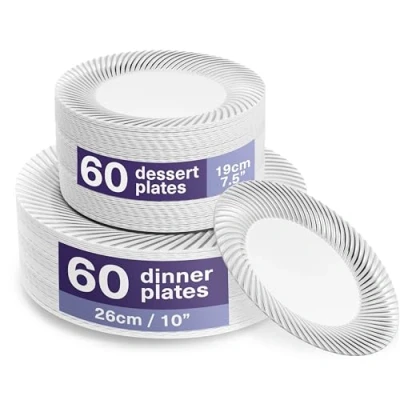 Imagen de MATANA 120 Platos de Plástico Blanco Premium con Borde Plateado, 2 Tamaños Elegantes y Reutilizables Vajilla Resistente e Irrompible para Bodas, Cumpleaños, Catering, Fiestas