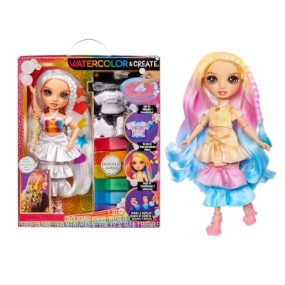 Imagen de RAINBOW HIGH Watercolour &amp; Create DIY Muñeca de Moda con Acuarelas Lavables y Kit Tinte Ojos Marrones, Pelo Rizado, Top Zapatos Extra Colorea, CREA, Juega, Aclara Repite Niños 4 12+ Años