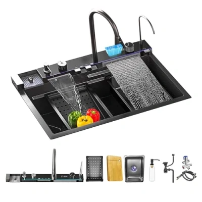 Imagen de Fregadero de cocina digital en cascada Grifería Todo uno ultifunción con lavavasos Dispensador jabón caño etc (80 * 46 22CM, Negro gris)