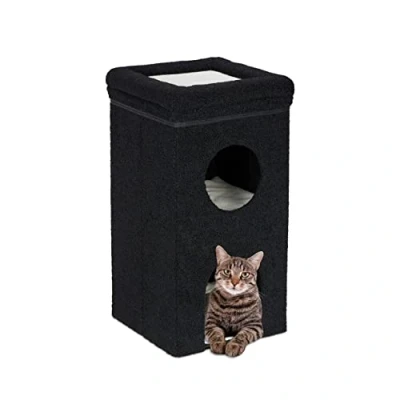 Imagen de Relaxdays Casa Gato con 2 Cuevas y 1 Rascador Plegable, Cama Gatito 3 Plantas, Escondite Felino, 76 x 40 cm, Negro, Poliéster