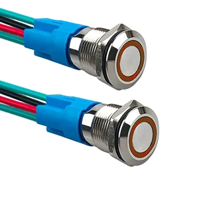 Imagen de Aiqeer 2 Piezas 12 mm Interruptores de Botón Momentáneo, 12V / 24V 3A Interruptor LED Amarillo, Pulsador Metálico Impermeable, con Enchufe Precableado