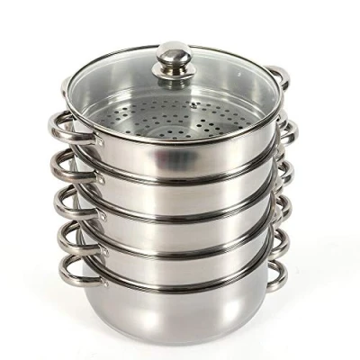Imagen de MBUYI Mantowarka Vaporera de 5 capas acero inoxidable pulido con tapa transparente, 28 cm, olla vapor para cocinar al mismo tiempo sopa, pasta, pescado