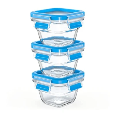 Imagen de Emsa Clip&amp;Close Set 3 Herméticos de Cristal redondos polipropileno, higiénico, no retiene olores ni sabores 100% libre BPA, apto para congelador y microondas, lavavajillas, azul