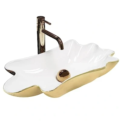 Imagen de Rea Lavabo SOBRE ENCIMERA Sea Infinity Oro Blanco + desagüe Click Clack 620 x 330 115 mm Cerámica (oro/blanco)