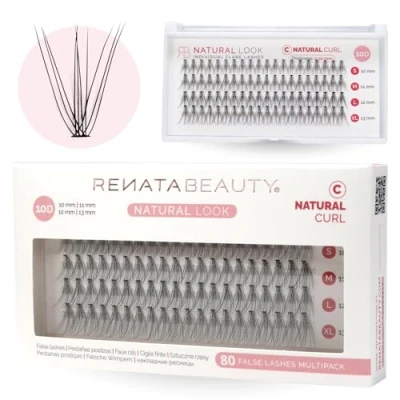 Imagen de Renata Beauty 10D NATURAL Look Pestañas Postizas Individuales [C Curl] Multipack de 80 Abanicos 10 13mm Extensión Falsas para Aplicar en Casa Banda Invisible