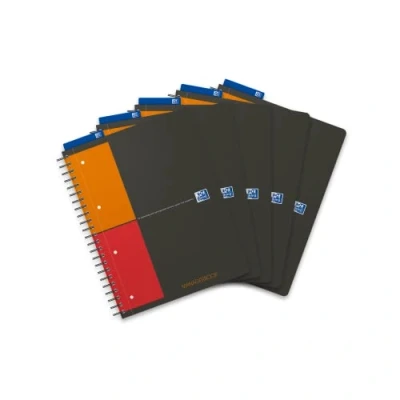 Imagen de Oxford International Cuaderno de espiral doble (5 unidades, con rayas, A4+, tapa polipropileno, 90 g/m², incluye regla plantilla para formas geométricas y separadores), color negro, amarillo rojo