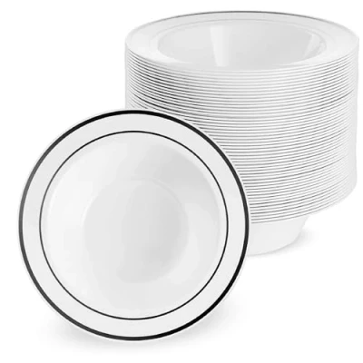 Imagen de MATANA 25 Cuencos de Plástico Blanco con Borde Negro, 360ml Sopa, Platos Hondos para Bodas, Cumpleaños, Barbacoas, Fiestas Resistentes y Reutilizables