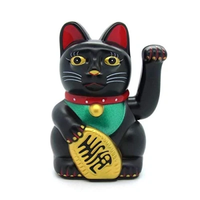 Imagen de gato de la suerte Starlet24, que saluda, Feng Shui, Maneki Neko, plástico, Negro , 13 cm