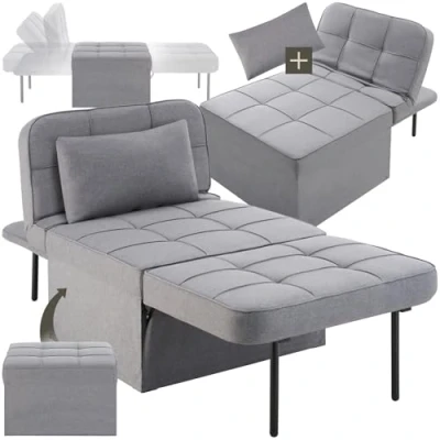 Imagen de TecTake® 4 en 1 Taburete, Sillon, Tumbona o Sofa, Respaldo Ajustable 6 Posiciones, Estructura de Acero, Acolchado Grueso, cojín Adicional para la Cabeza, Sofa Cama Plegable, Sillon Relax Gris