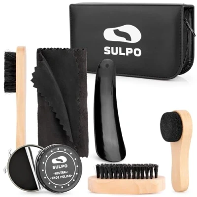 Imagen de SULPO Kit Limpia de Zapatillas 8 Piezas Limpieza Zapatos Viaje Cepillo para Lustrar Cuero con cerdas Suaves Estuche Calzador Crema Limpiadora Cuidado del Calzado