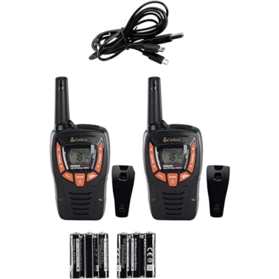 Imagen de Cobra AM655 Paquete de 2 walkie talkies compactos para Adultos, con activación por Voz, Alcance 8 km, más 968 canales, función Ahorro energía y baterías Recargables, Color Negro