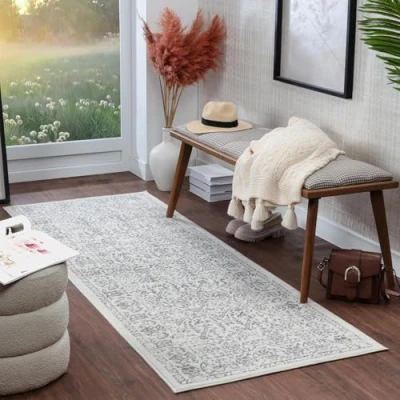 Imagen de Surya Marrakech Alfombra Vintage Oriental de Pasillo para Cocina, Entrada, Estilo Tradicional Bohemio, Natural, Facil Limpiar Grande 80x220cm Gris Neutro y Crema