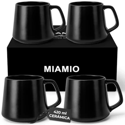 Imagen de MIAMIO Juego de Tazas Café (Set 4) / Grandes Cerámica (420 ml) Taza para Cappuccino, Té, Espresso Apto Microondas y Lavavajillas Colección Luxe (Negro)