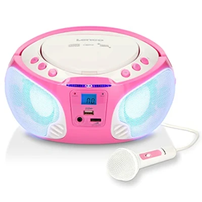 Imagen de Lenco SCD 650 Reproductor de CD para niños Radio FM Microfóno USB Altavoces con efectos luz Rosa