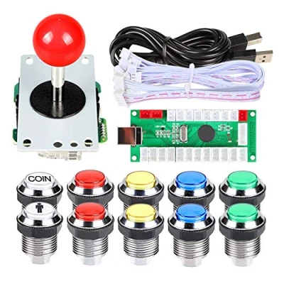 Imagen de Clásicos Arcade DIY Kits USB Encoder para PC Joystick + 8 maneras Stick Chrome plateado LED pulsador iluminado 1 Player &amp; Coin Buttons Mame Raspberry Pi 2 3 3B Games