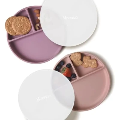 Imagen de Moonkie Platos de succión para bebés y niños pequeños divididos silicona sin BPA con tapa Aptos microondas lavavajillas 2 Pack (Pale Mauve/Blush)