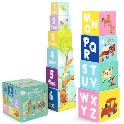 Imagen de boppi Bloques apilables para bebés, Juguetes de Animales Granja con Letras y números, Cubos Montessori niños pequeños, Aprendizaje Preescolar
