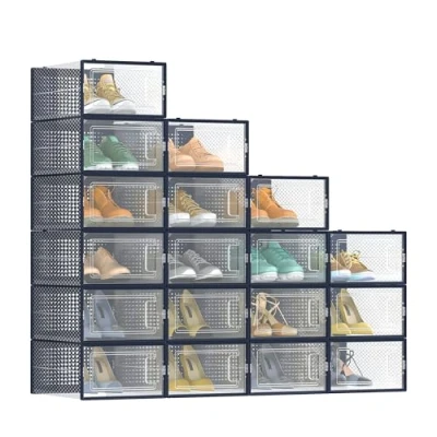 Imagen de SONGMICS Cajas de Zapatos Plástico, Juego 12 Organizadores Almacenamiento, Caja Zapatero Plástico Plegable y Apilable para Zapatillas hasta Talla 44, Transparente Azul Carbón LSP12SB30